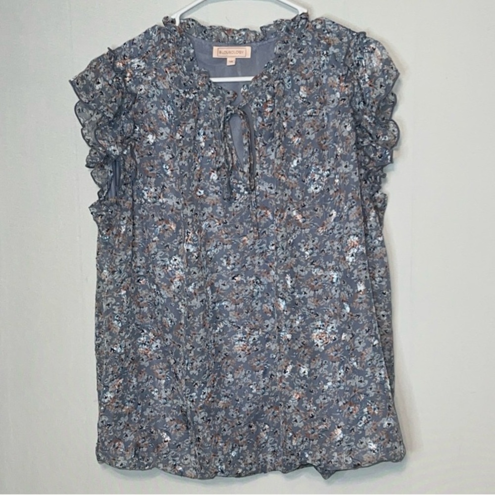 Blousology Woman’s Size 2X Multi Colored Floral Ruffle Cap Sleeve Keyhole Lined